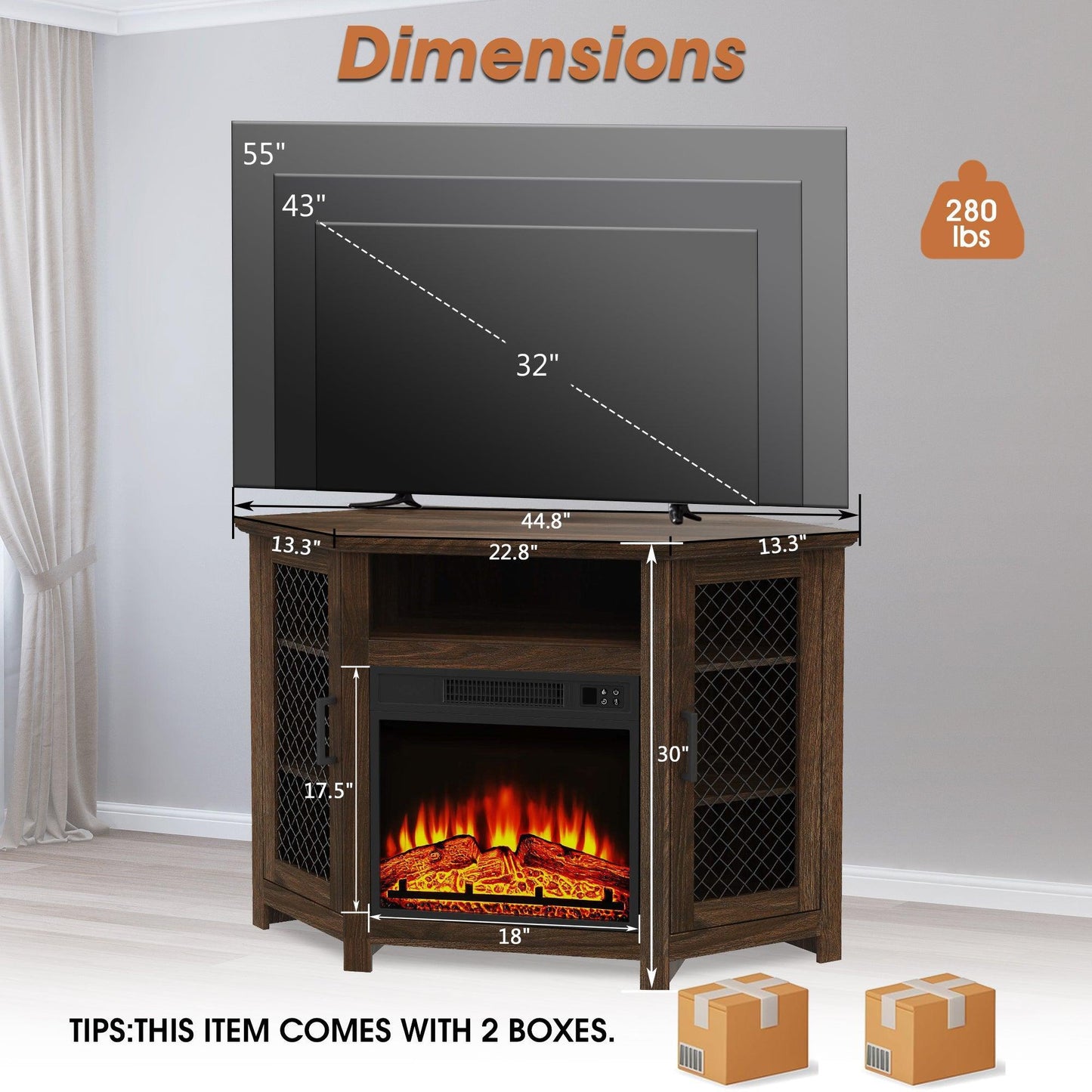 45" Corner Electric Fireplace TV Stands Console Table Insert 18" Electric Fireplace with 2 Metal Mesh Doors