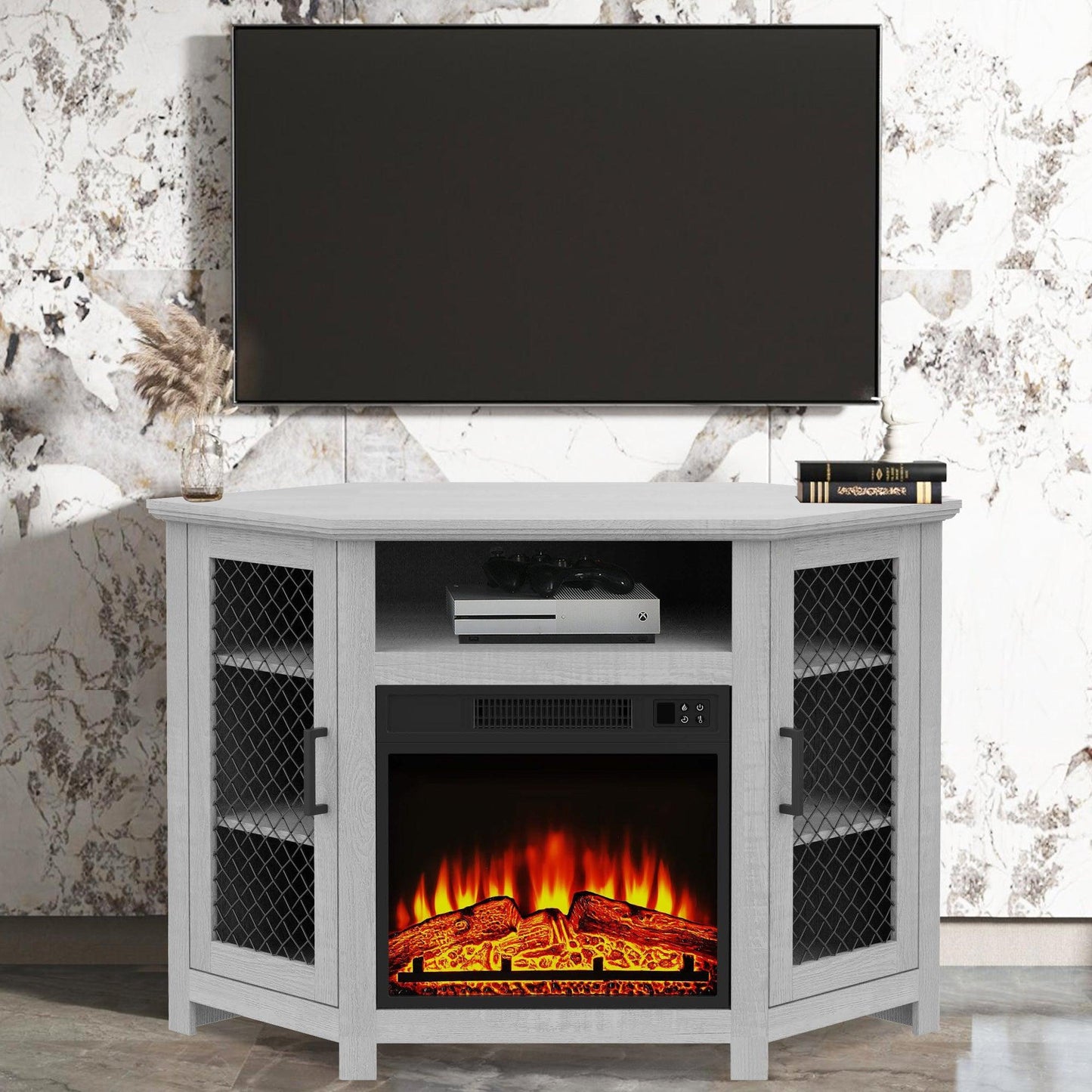 45" Corner Electric Fireplace TV Stands Console Table Insert 18" Electric Fireplace with 2 Metal Mesh Doors