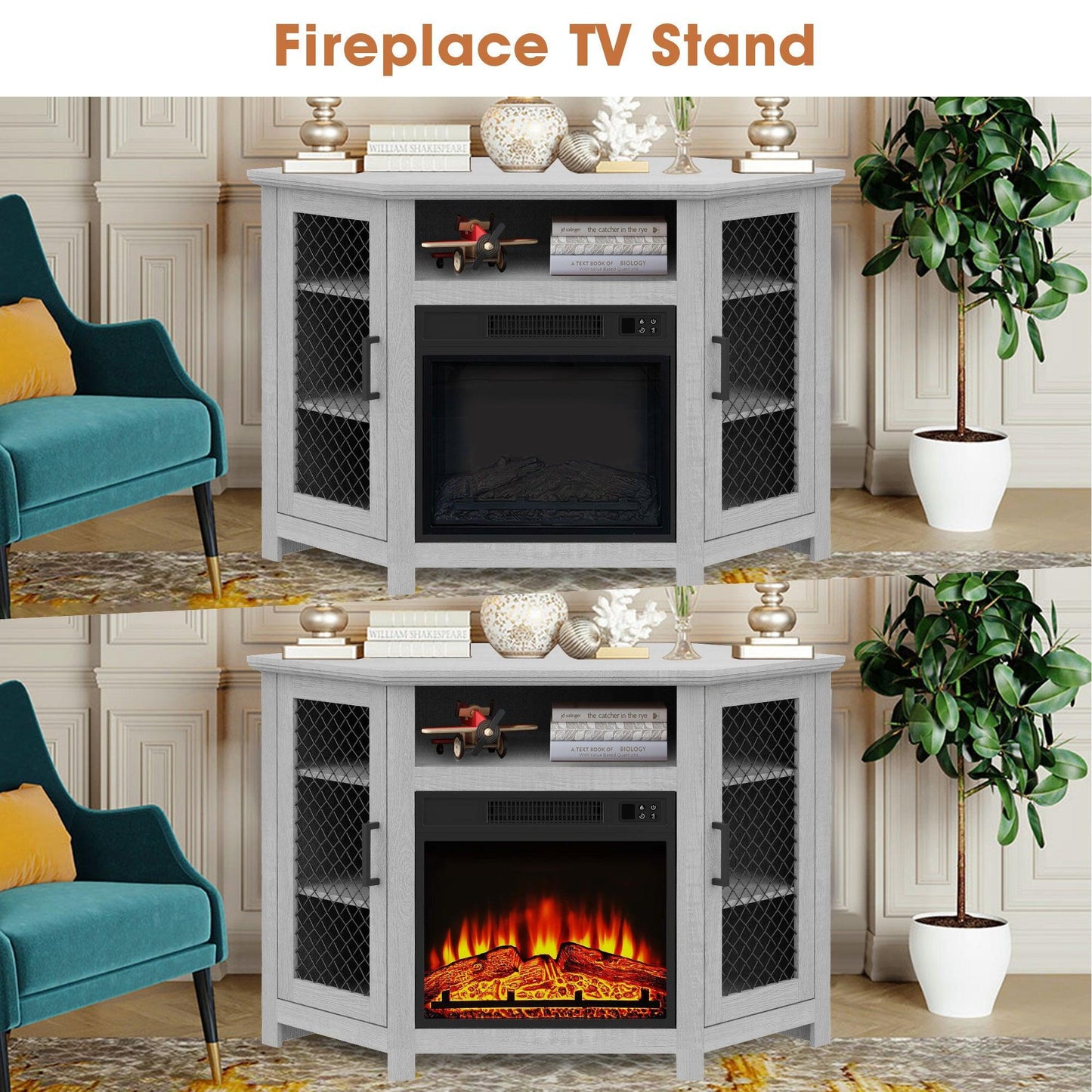 45" Corner Electric Fireplace TV Stands Console Table Insert 18" Electric Fireplace with 2 Metal Mesh Doors