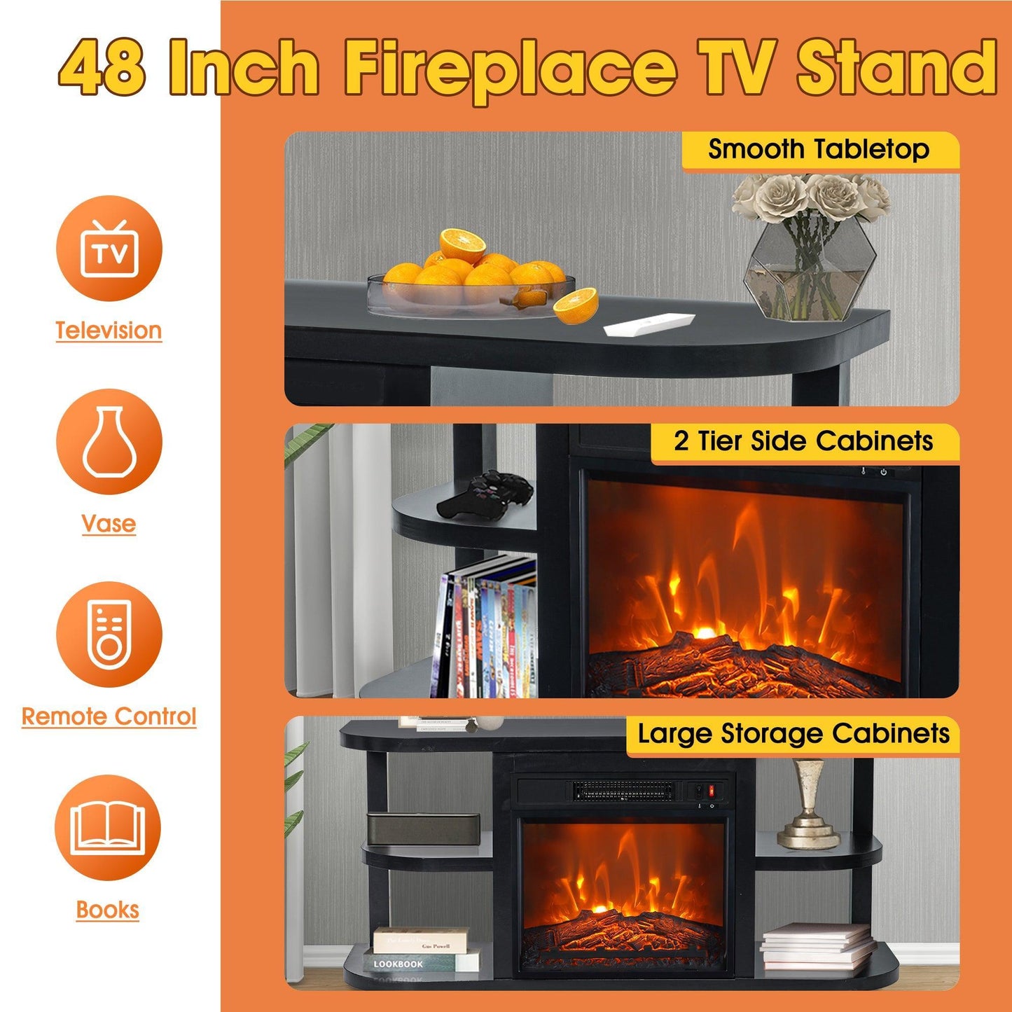 Decorative Modern 48" TV Stand with 18" Insert Electric Fireplace