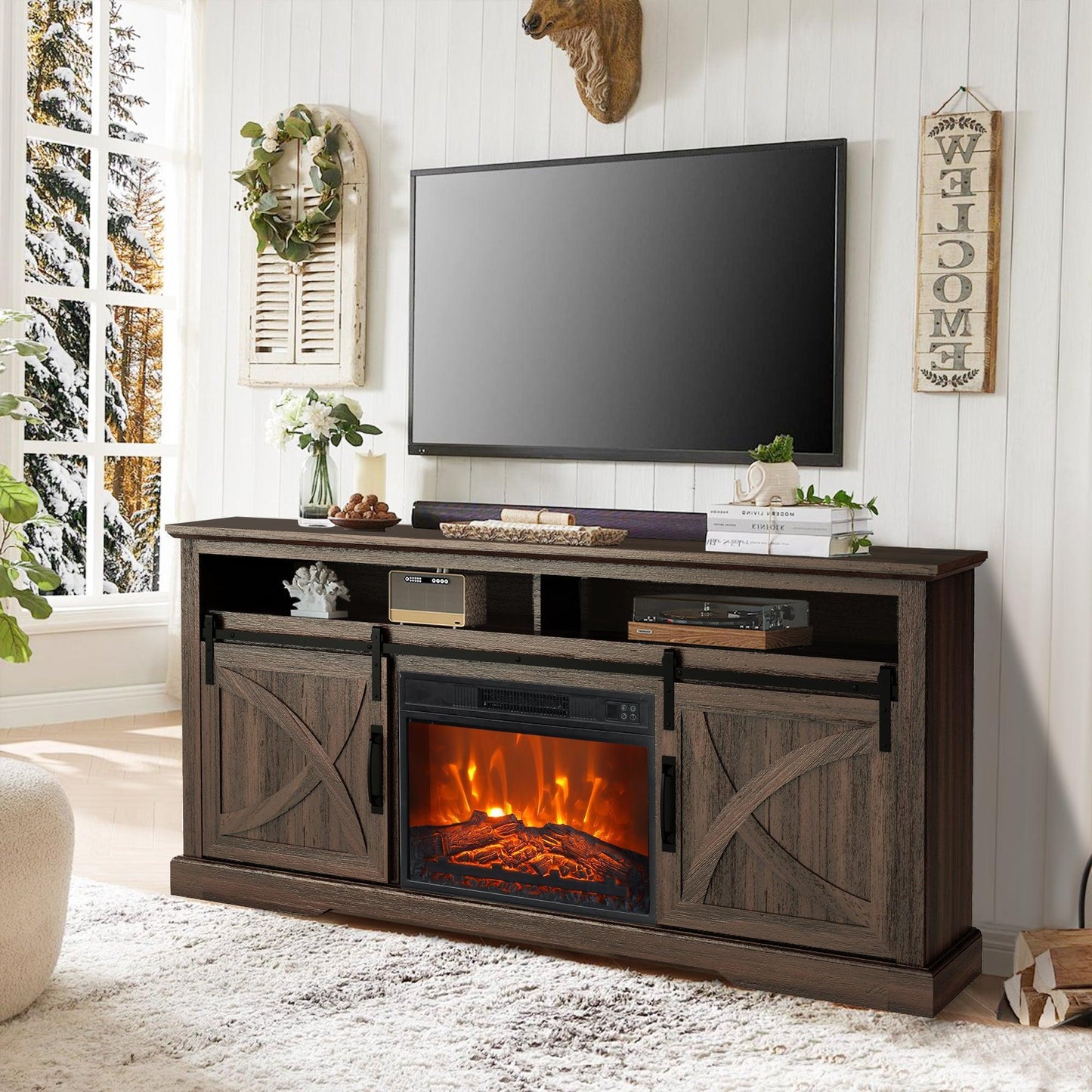 68" Farmhouse TV Stand with 23" Insert Opening Electric Fireplace
