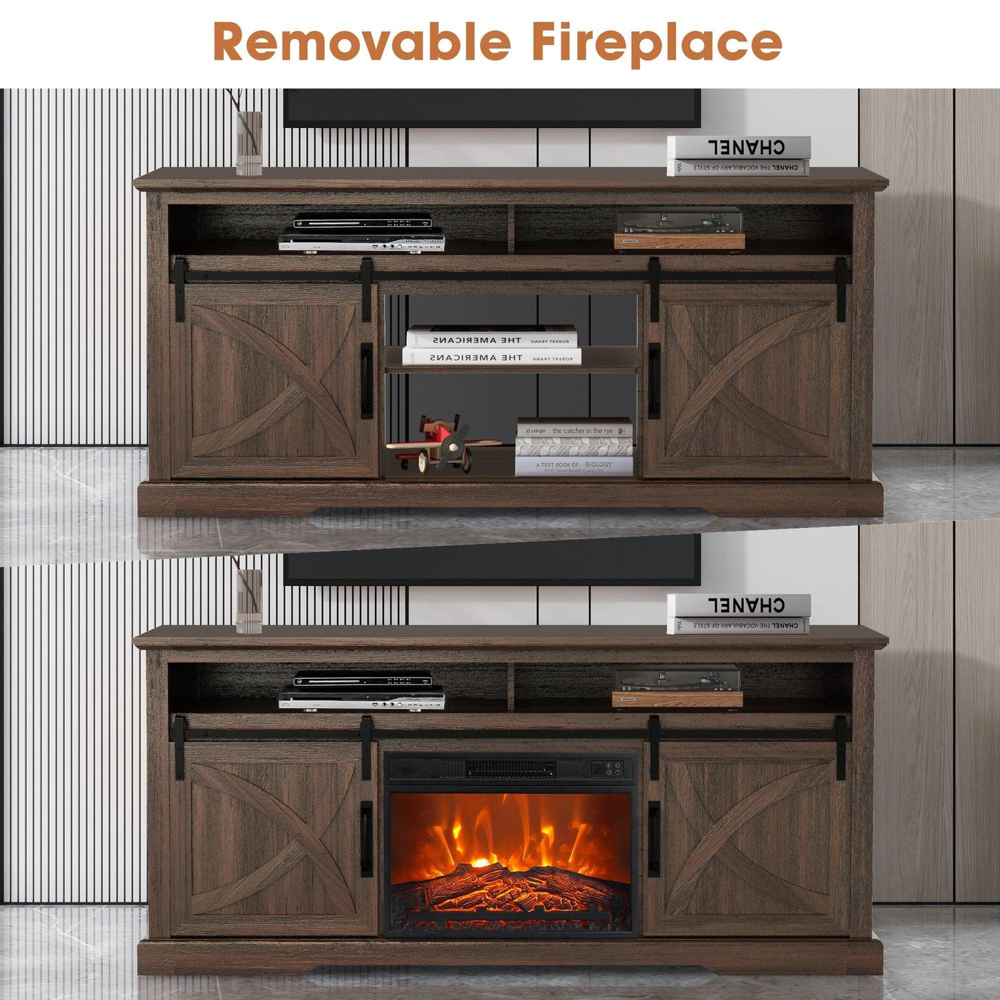 68" Farmhouse TV Stand with 23" Insert Opening Electric Fireplace