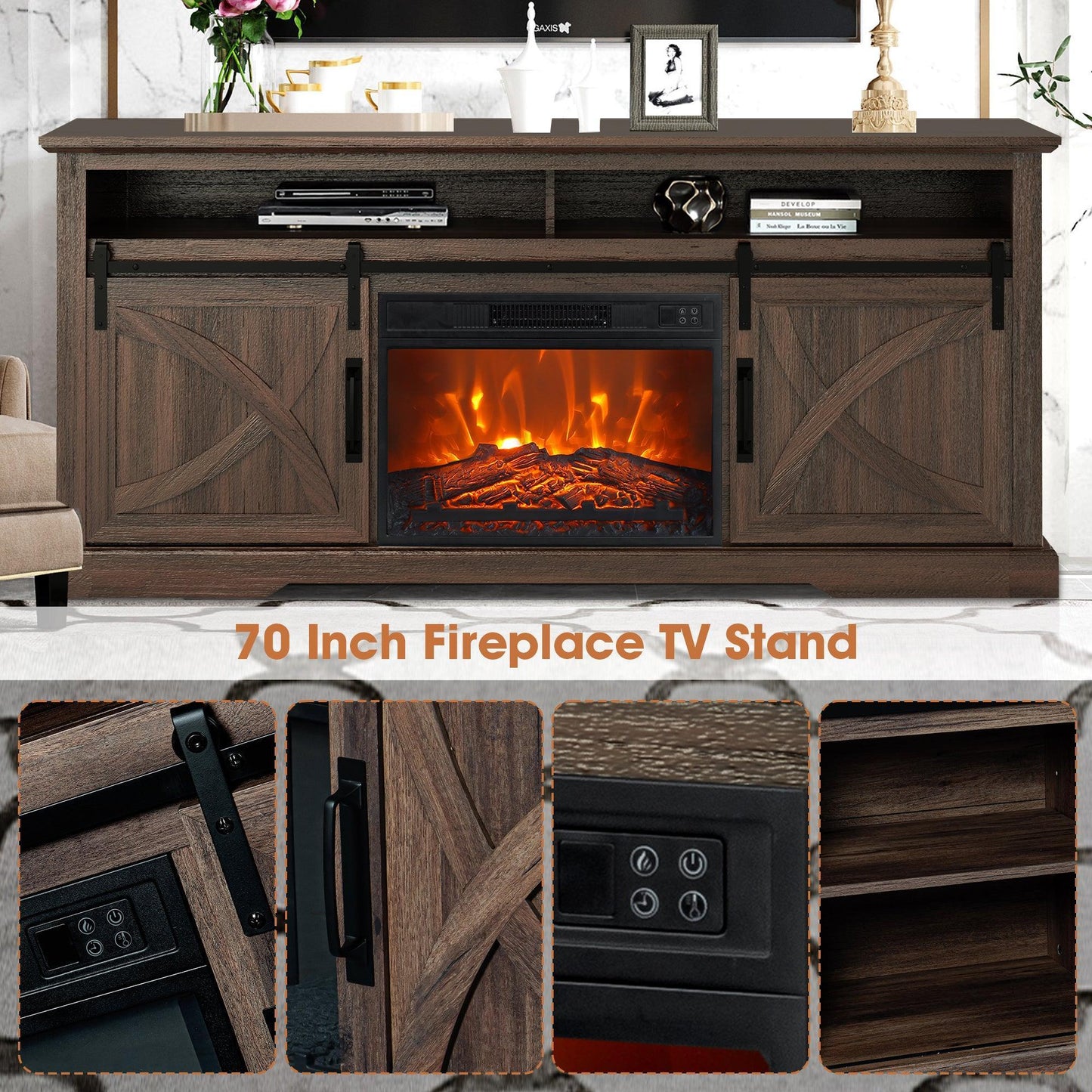 68" Farmhouse TV Stand with 23" Insert Opening Electric Fireplace