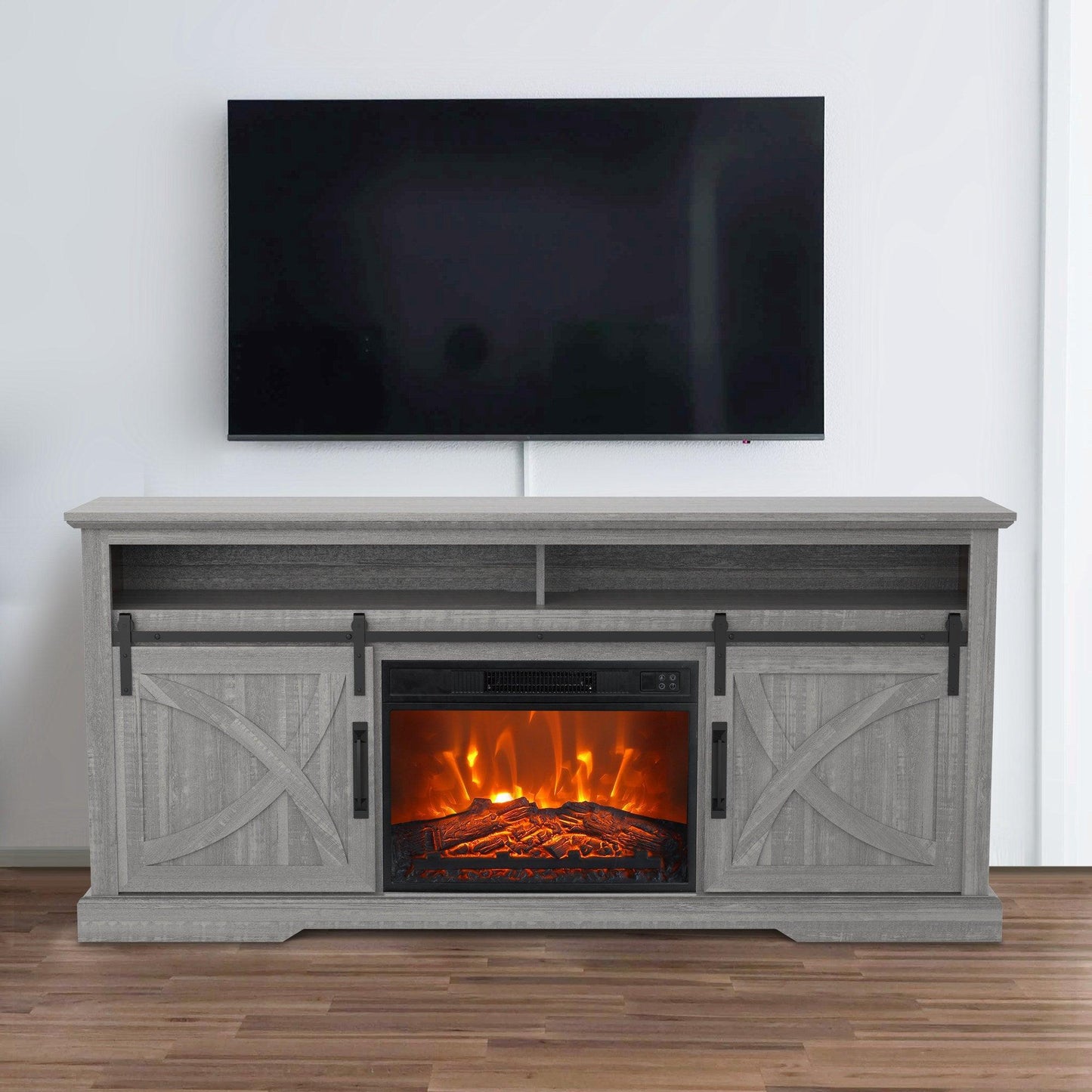 68" Farmhouse TV Stand with 23" Insert Opening Electric Fireplace