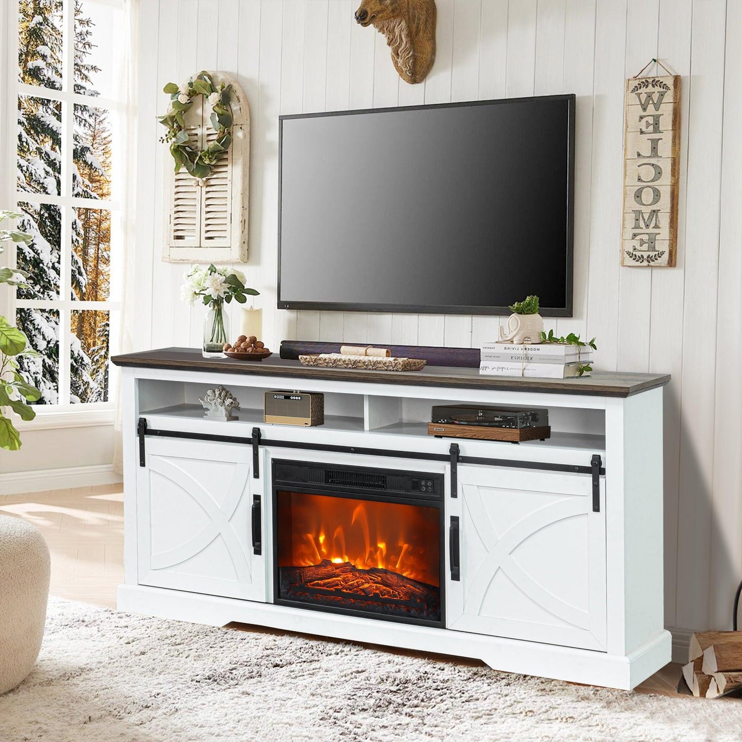 68" Farmhouse TV Stand with 23" Insert Opening Electric Fireplace