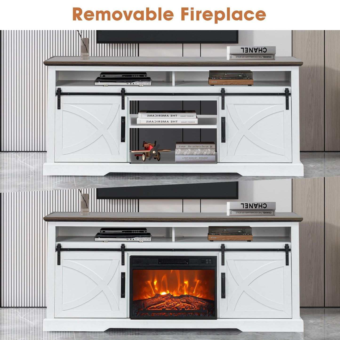 68" Farmhouse TV Stand with 23" Insert Opening Electric Fireplace