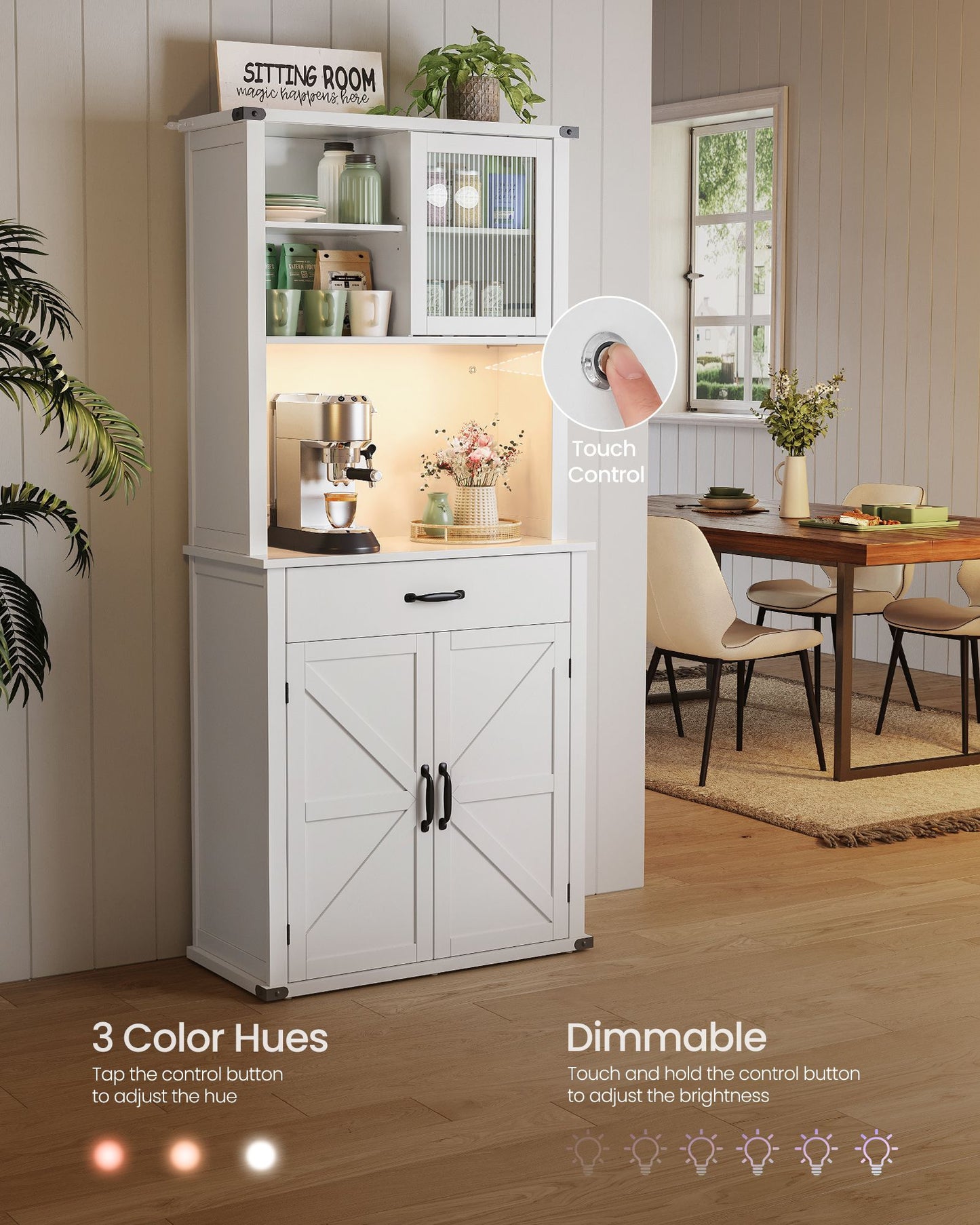 71" Pantry Cabinet with Lights and Charging Station