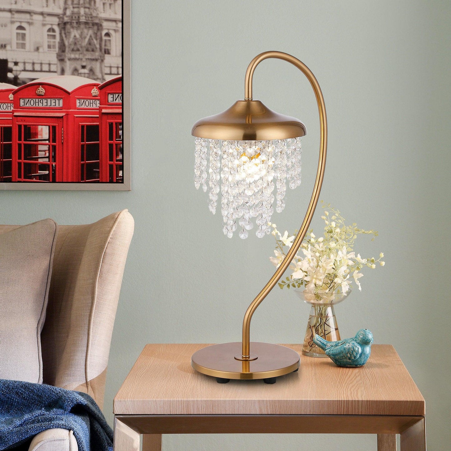 1-Light Golden Modern Table Lamp with Crystal Shade