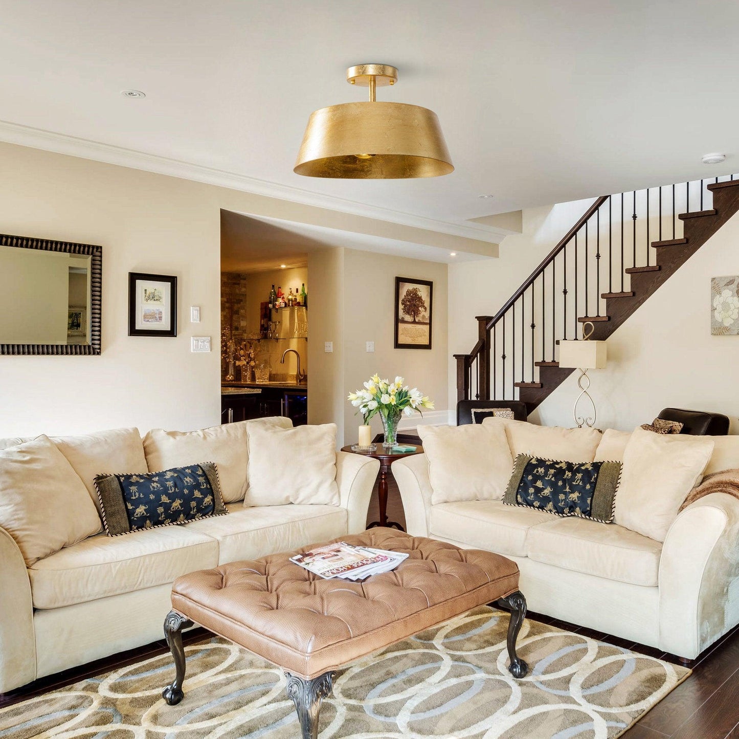 3-Light Golden Semi Flush Mount Lighting