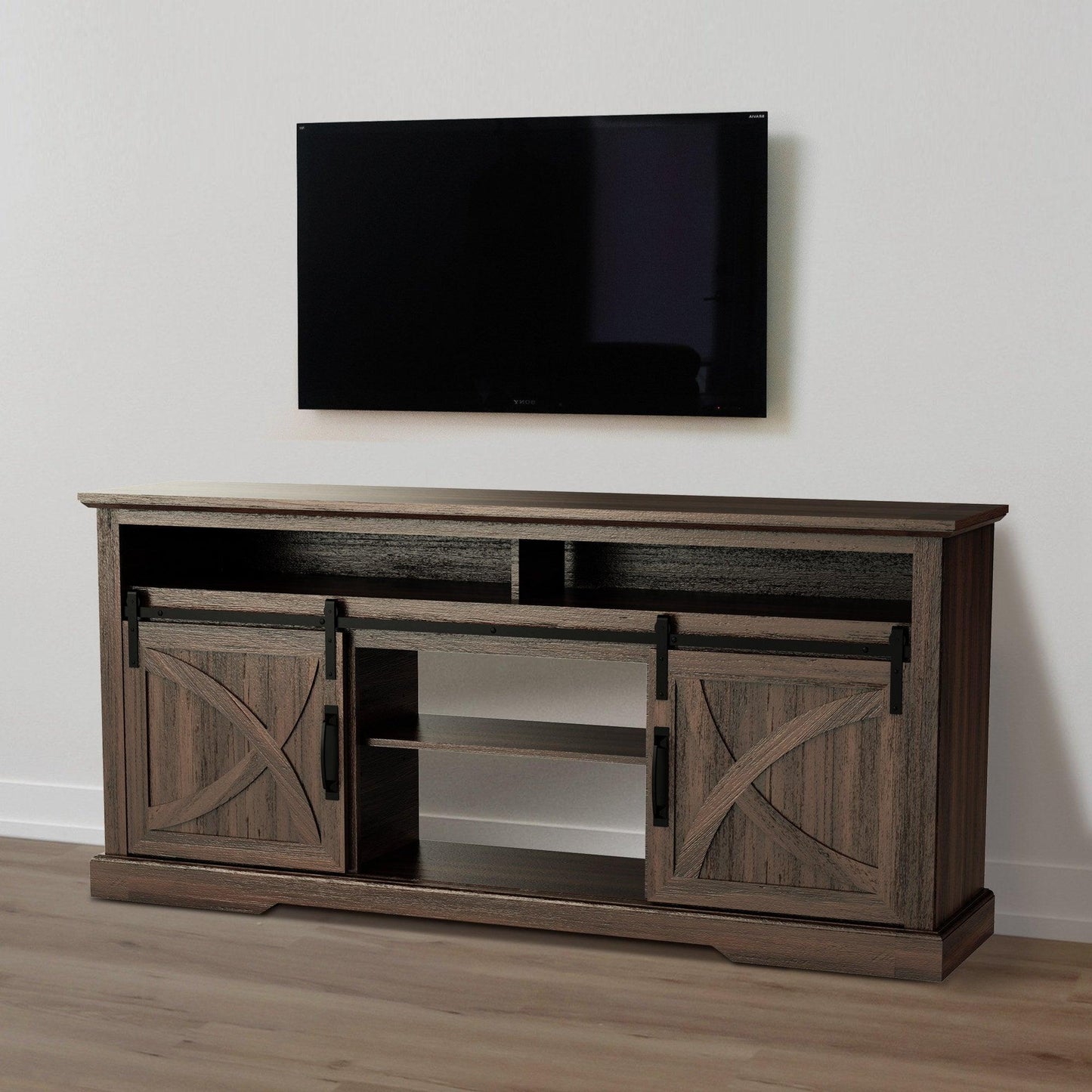 68" Farmhouse TV Stand with Double Sliding Barn Doors for Living Room