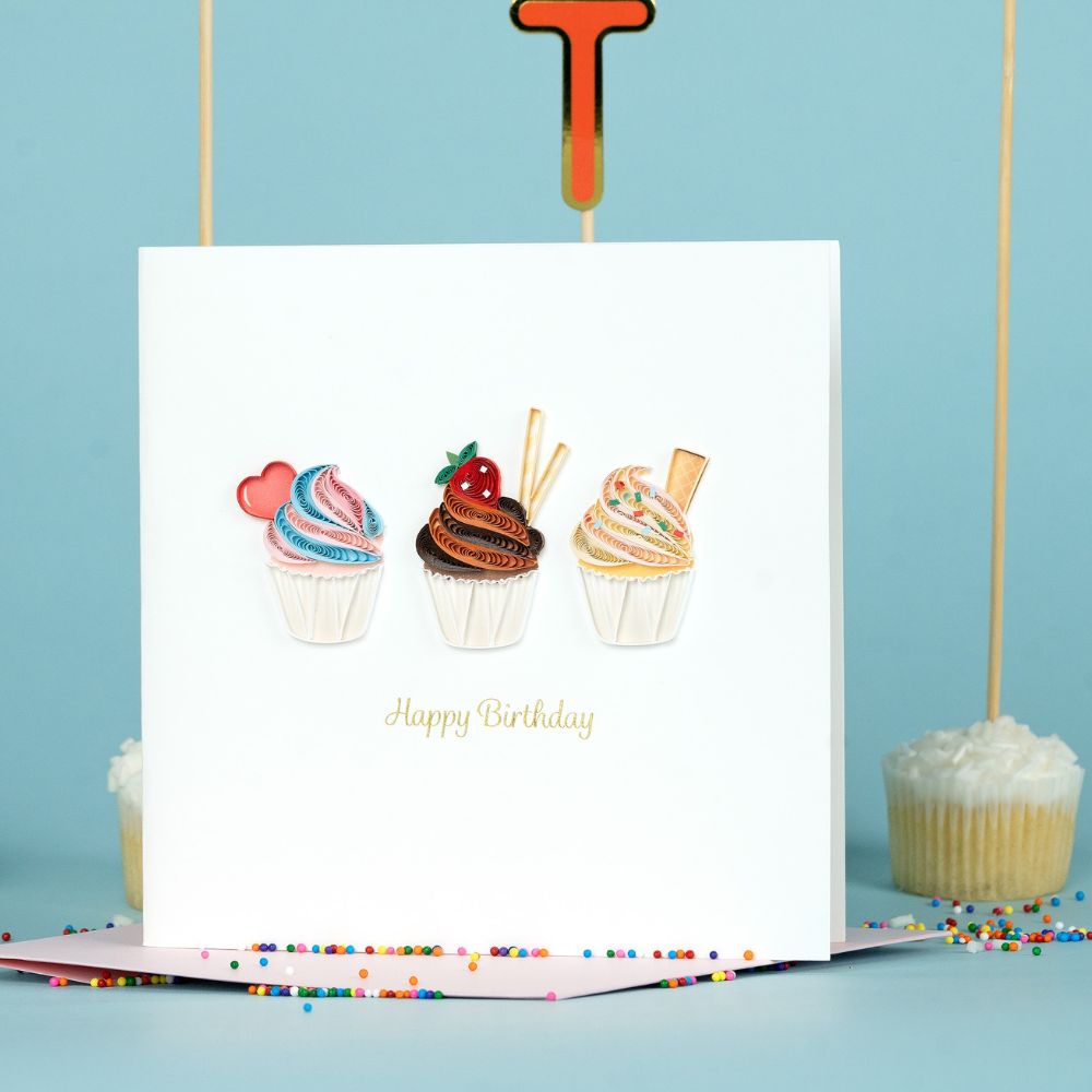 Birthday Cupcake Trio Quilled Greeting Card
