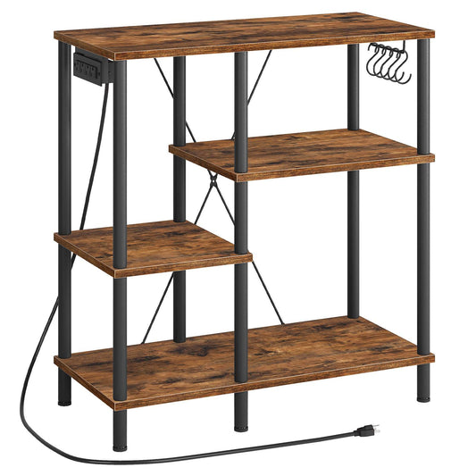 bakers rack with power outlet, Power Outlets, Microwave Stand - rustic brown & black