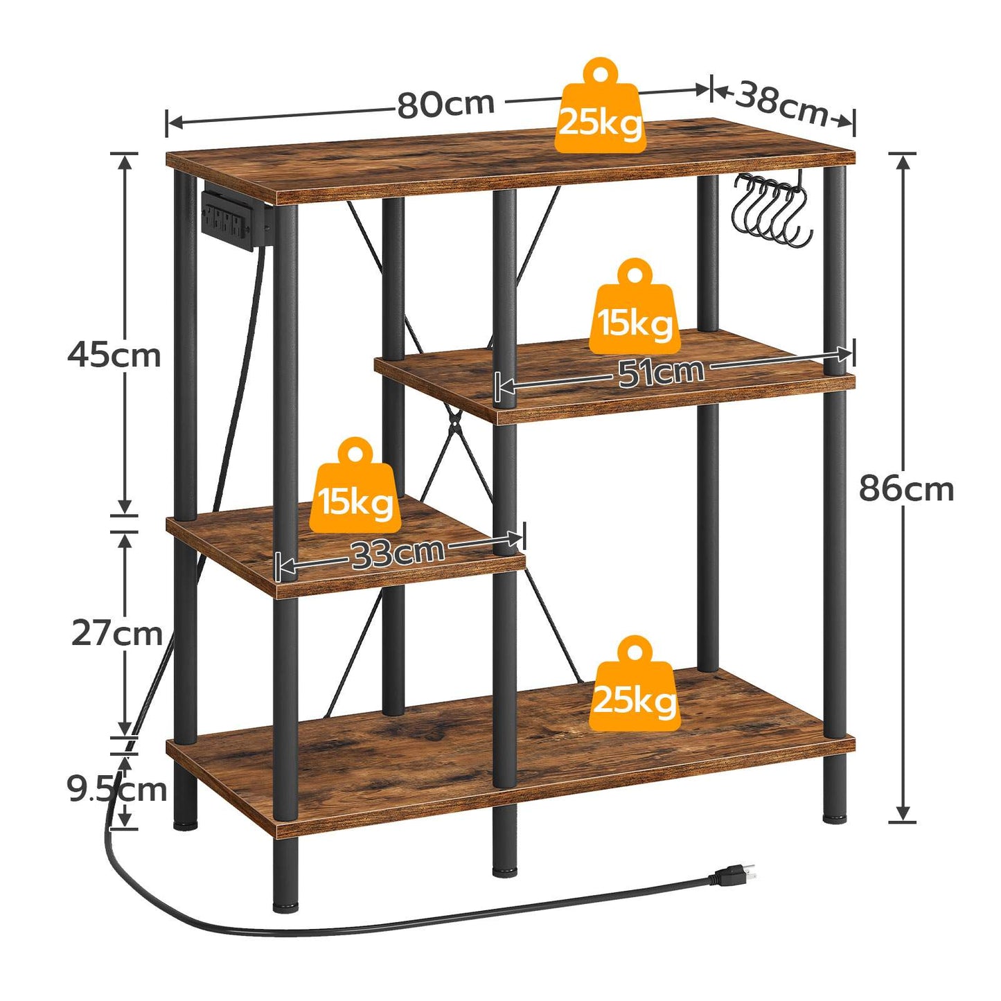 bakers rack with power outlet, Power Outlets, Microwave Stand - rustic brown & black