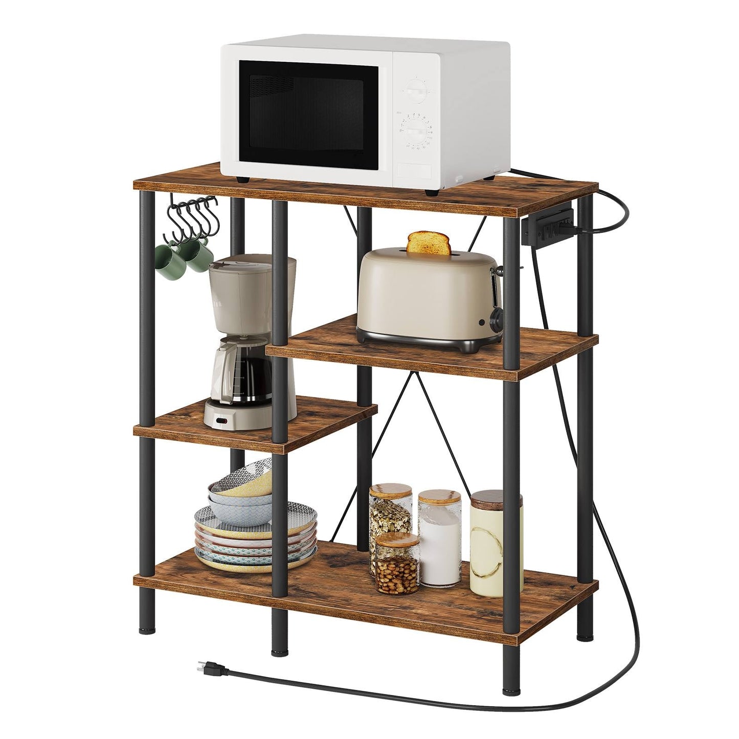 bakers rack with power outlet, Power Outlets, Microwave Stand - rustic brown & black