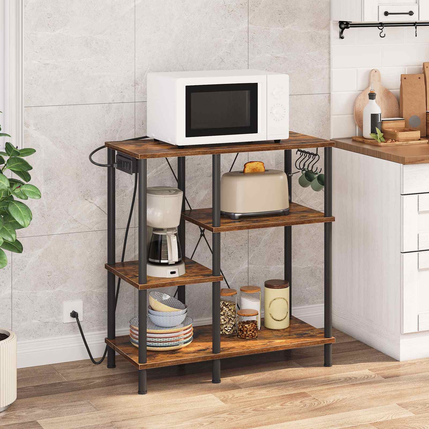bakers rack with power outlet, Power Outlets, Microwave Stand - rustic brown & black