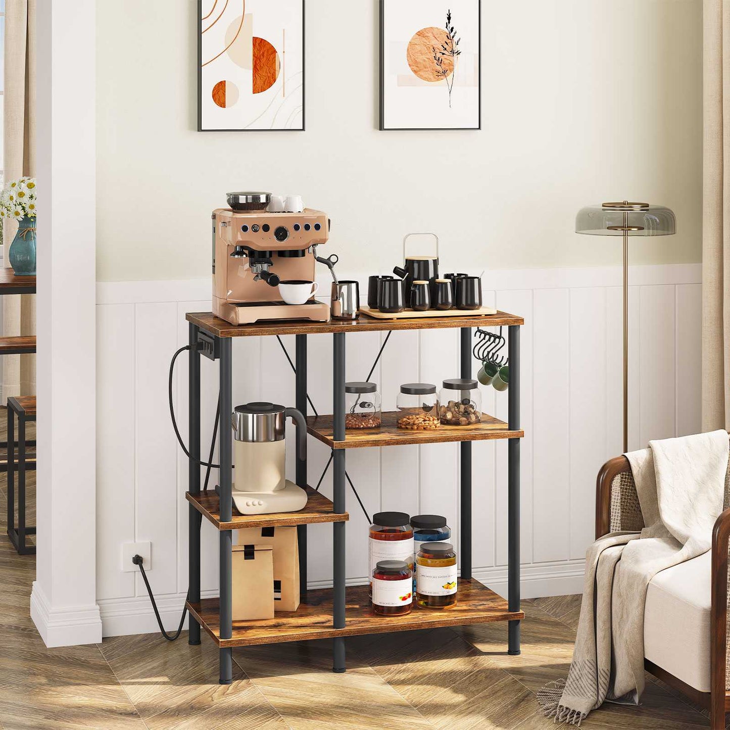 bakers rack with power outlet, Power Outlets, Microwave Stand - rustic brown & black