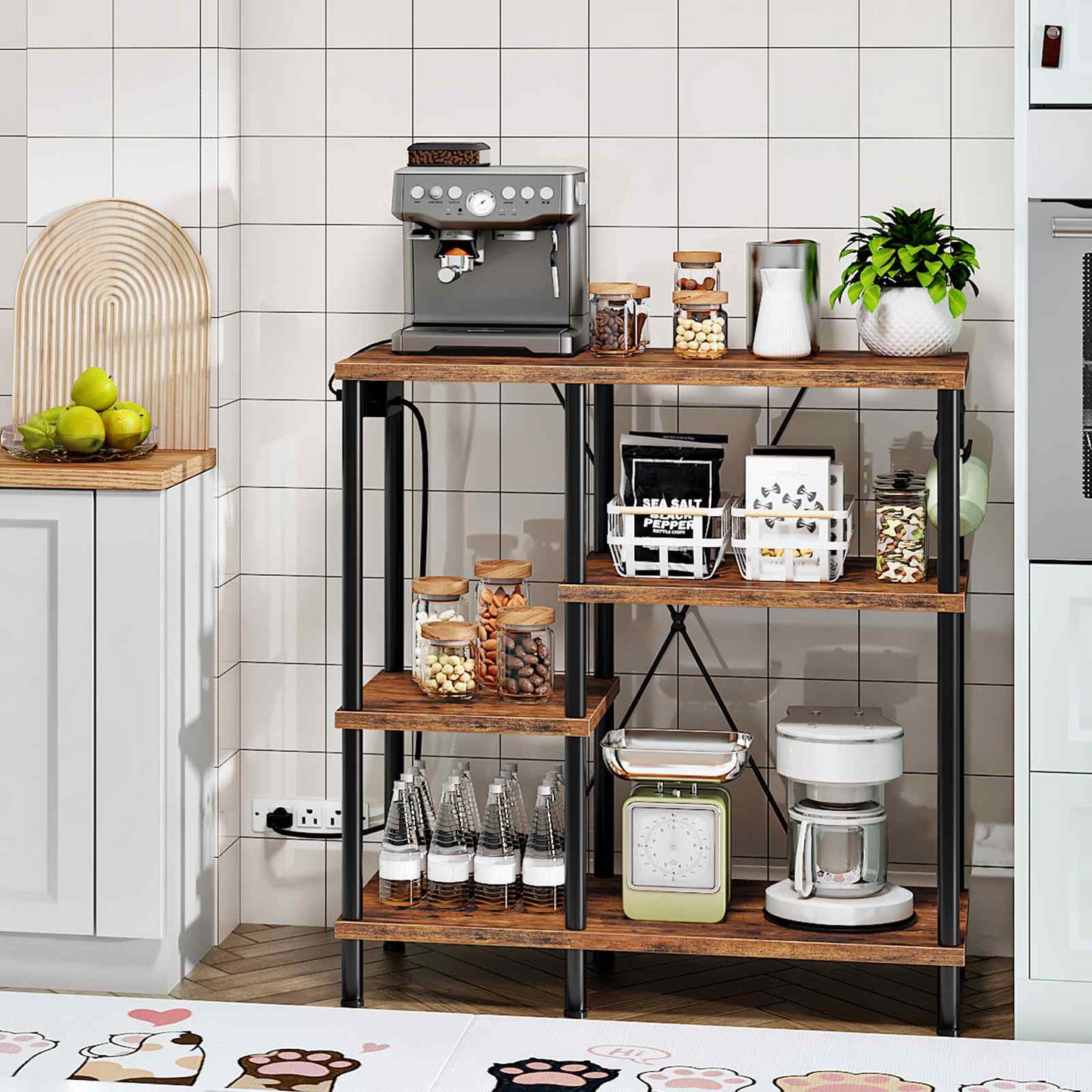 bakers rack with power outlet, Power Outlets, Microwave Stand - rustic brown & black