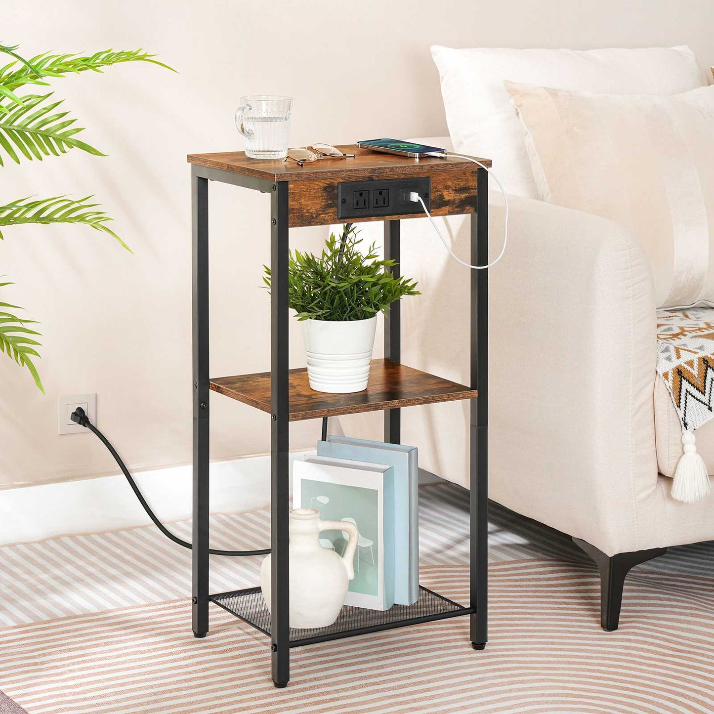 Tall End Table with Charging Station and USB Ports - Rustic Brown