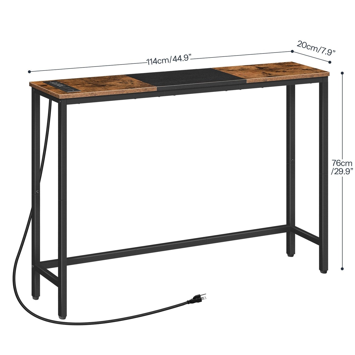 Narrow Console Table with Power Outlets - Rustic Brown & Black