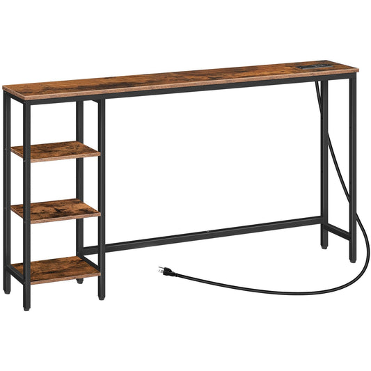 Console Table with Power Outlet with Storage - Rustic Brown & Black