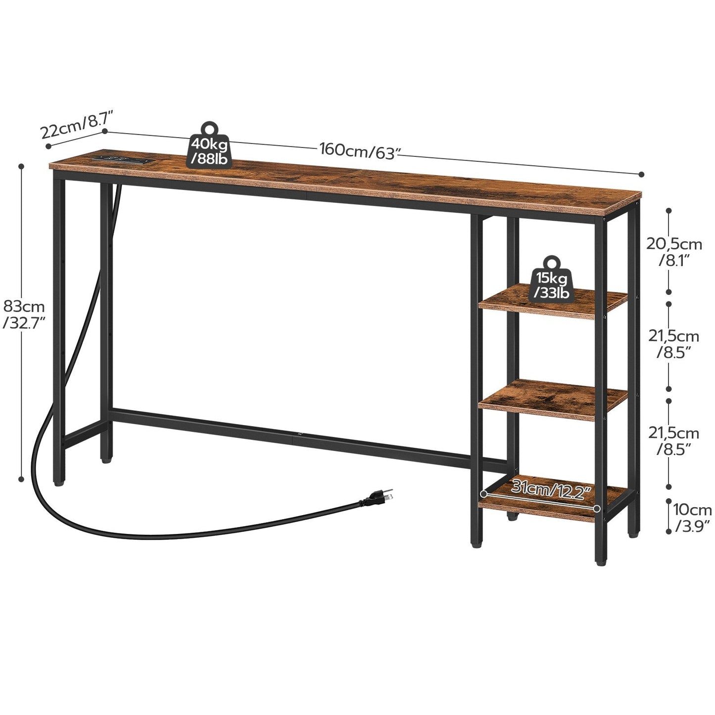 Console Table with Power Outlet with Storage - Rustic Brown & Black
