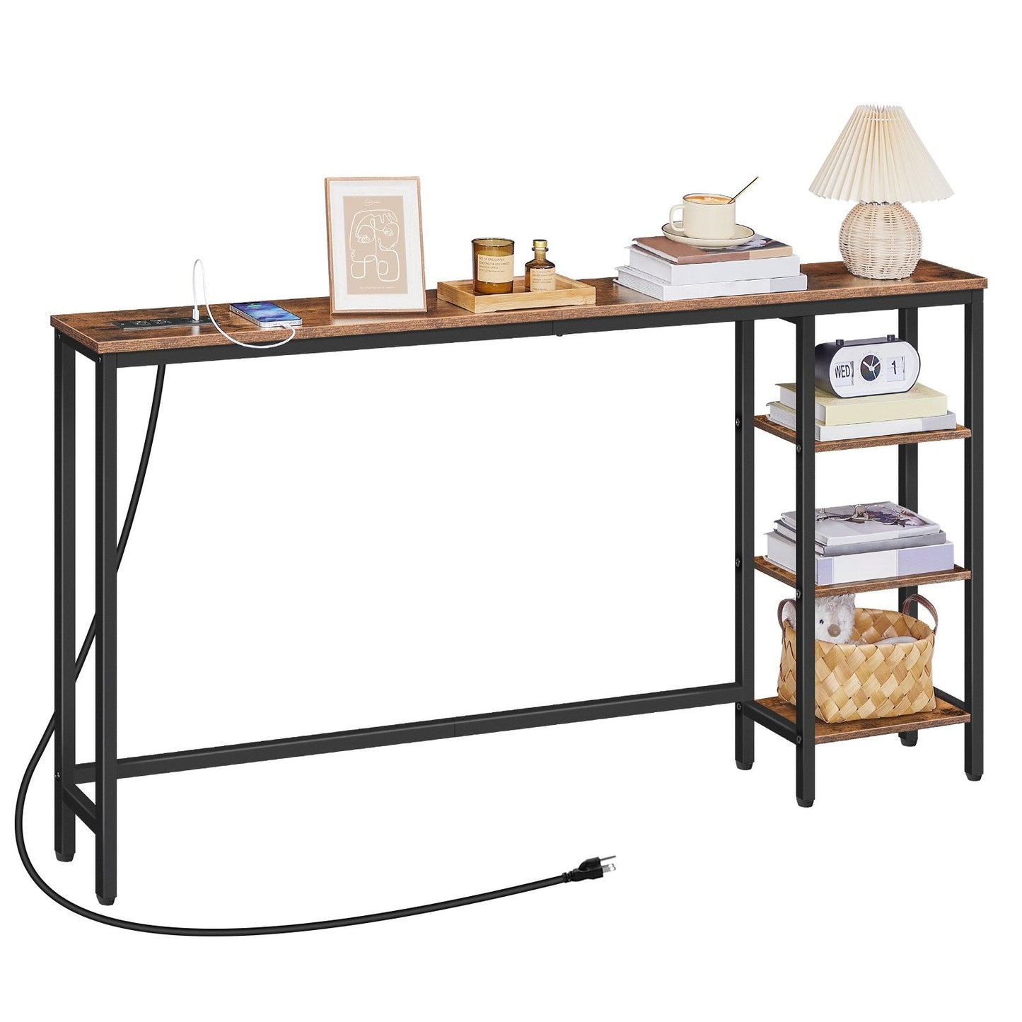 Console Table with Power Outlet with Storage - Rustic Brown & Black