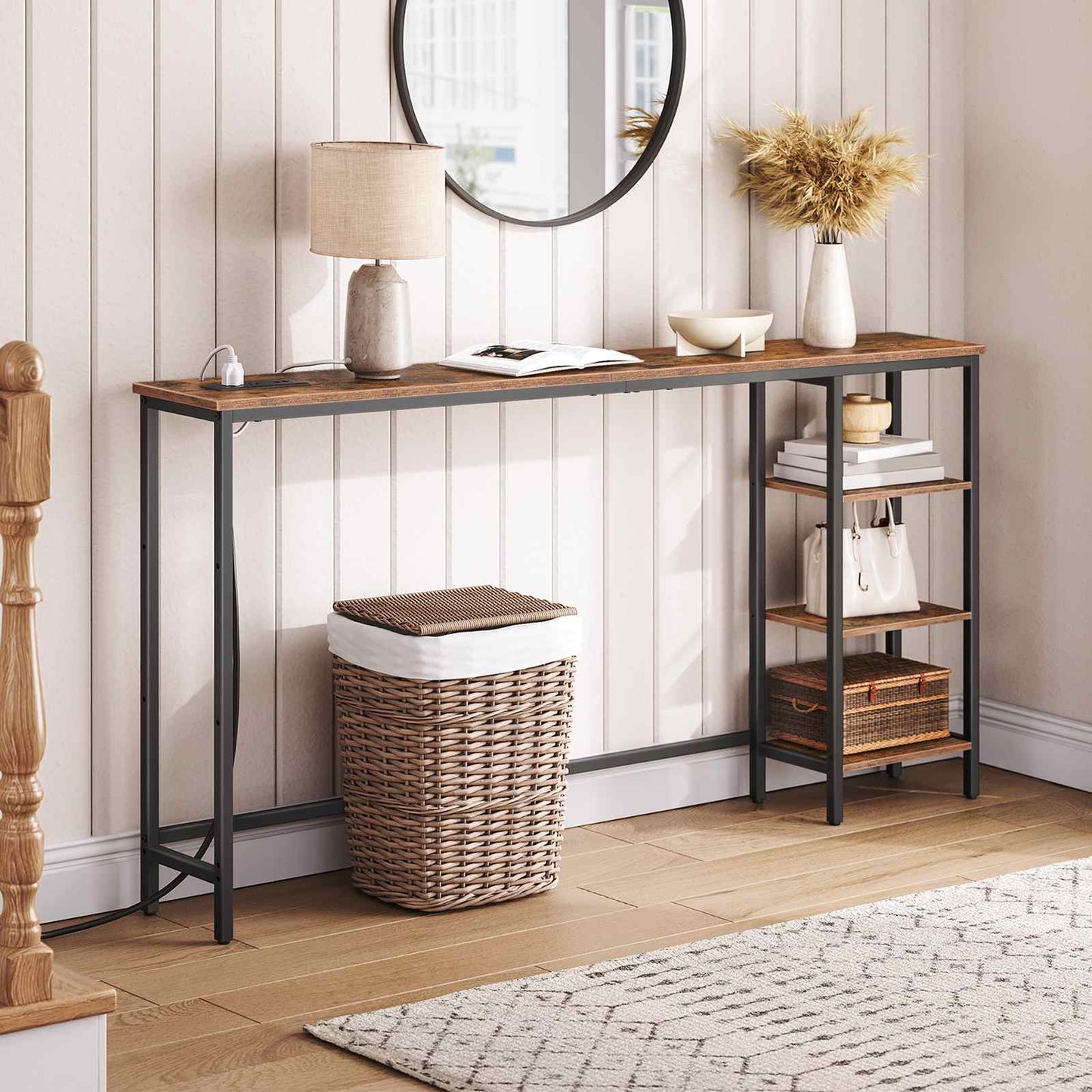 Console Table with Power Outlet with Storage - Rustic Brown & Black