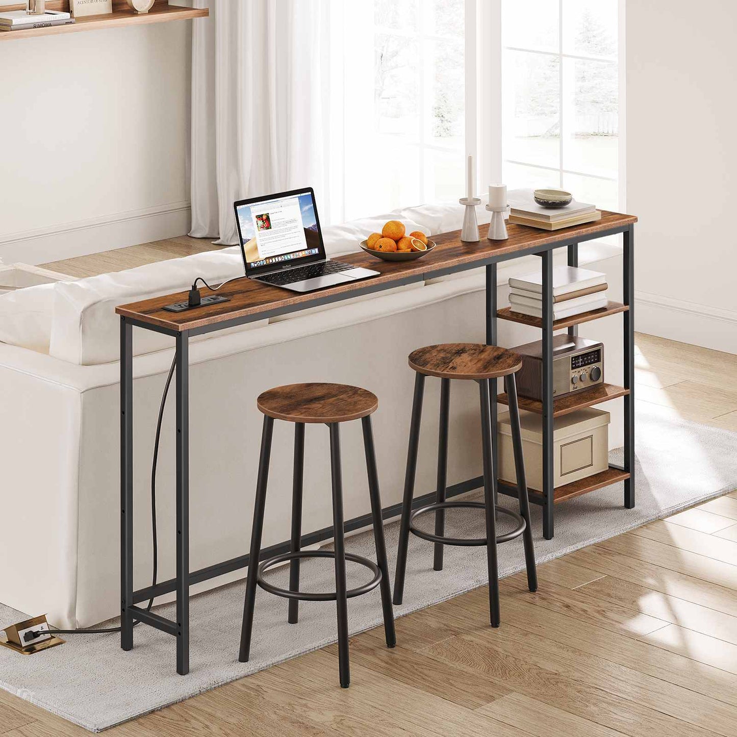 Console Table with Power Outlet with Storage - Rustic Brown & Black