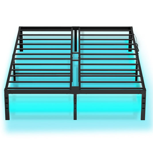 Queen Bed Frame with LED Lights Charging Station - Black