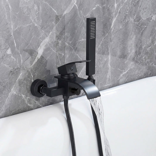 Matte Black Waterfall Wall-mount Bath Tub Filler Faucet with Handheld Shower