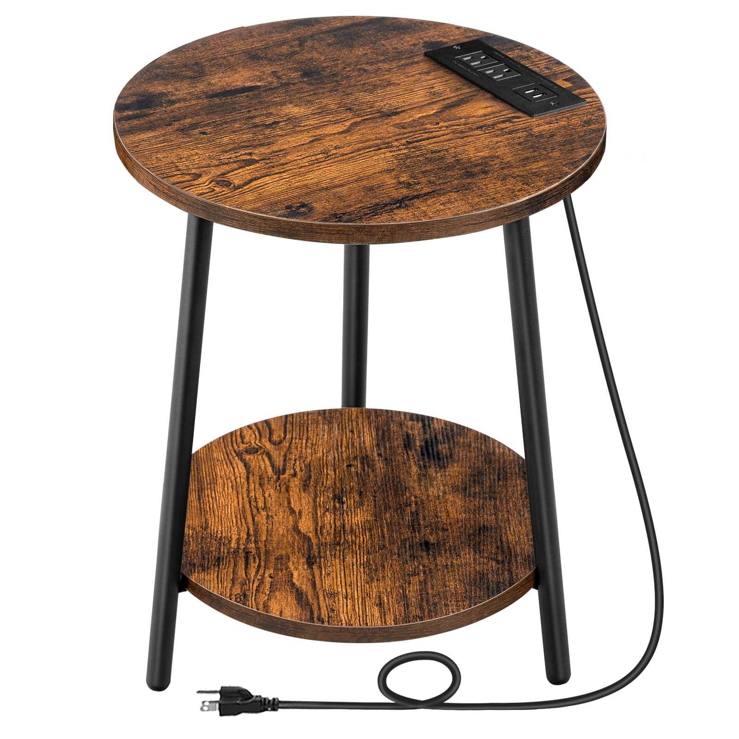Round End Table with Charging Station - Rustic Brown