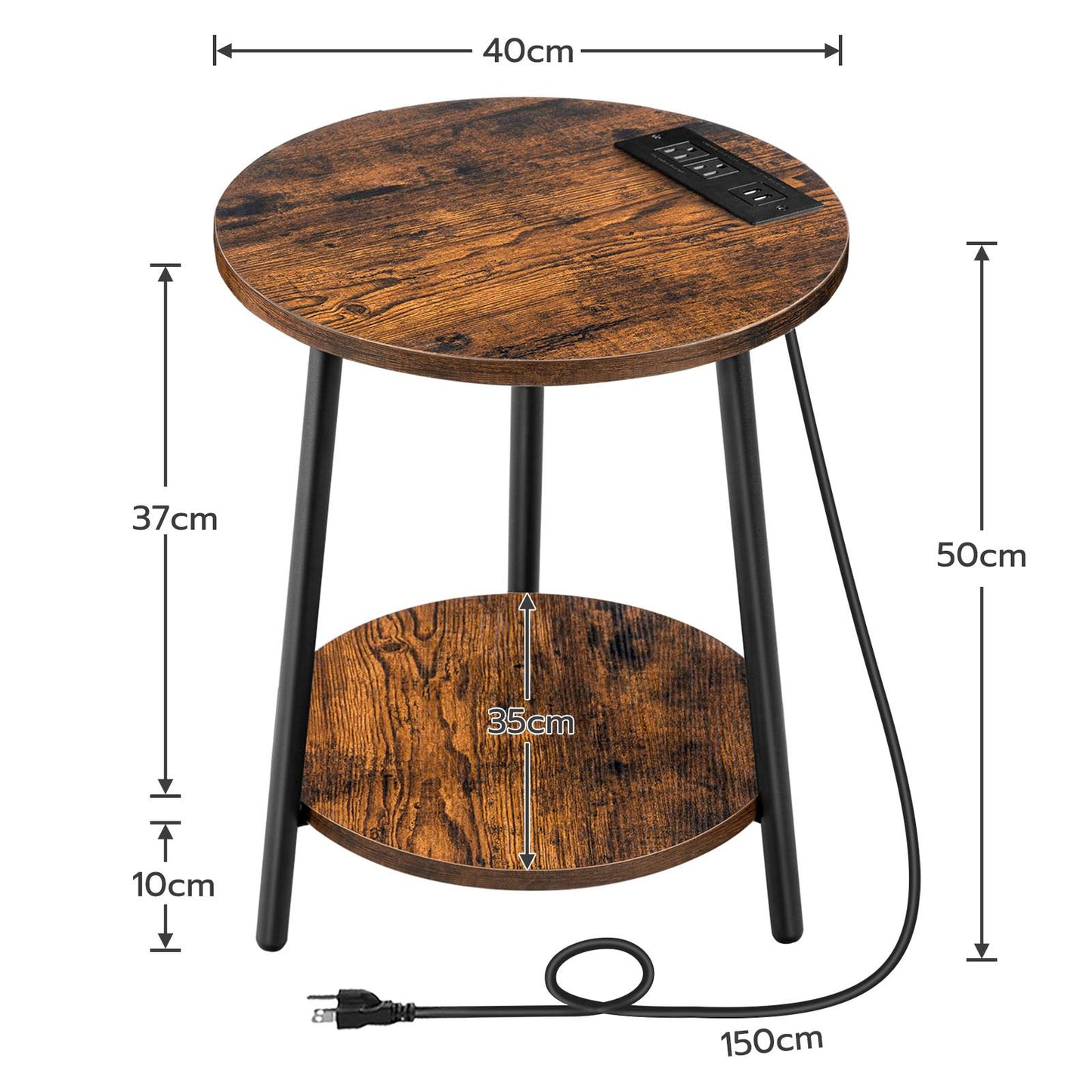 Round End Table with Charging Station - Rustic Brown