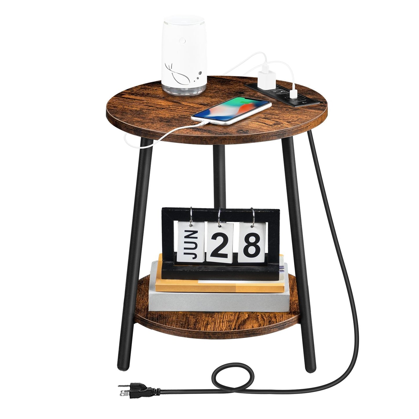 Round End Table with Charging Station - Rustic Brown