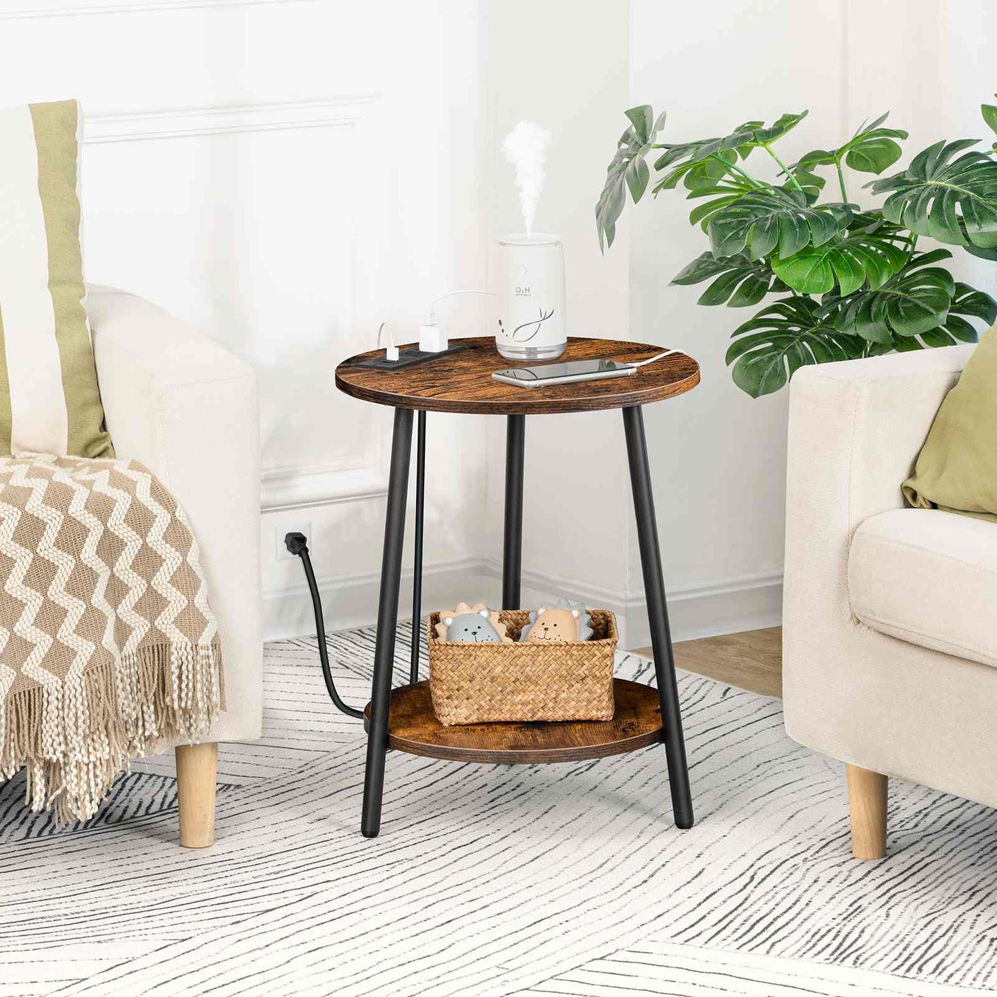 Round End Table with Charging Station - Rustic Brown