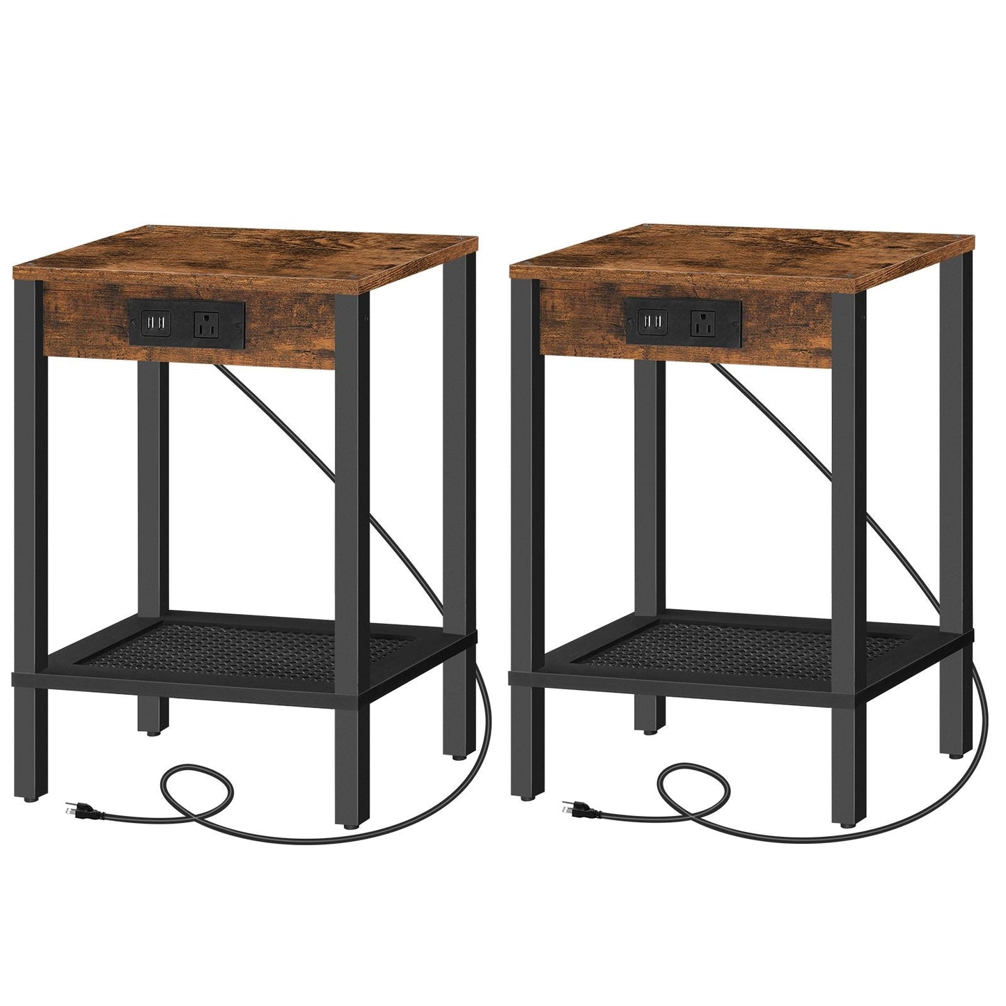 Side Table with Charging Station - Rustic Brown & Black