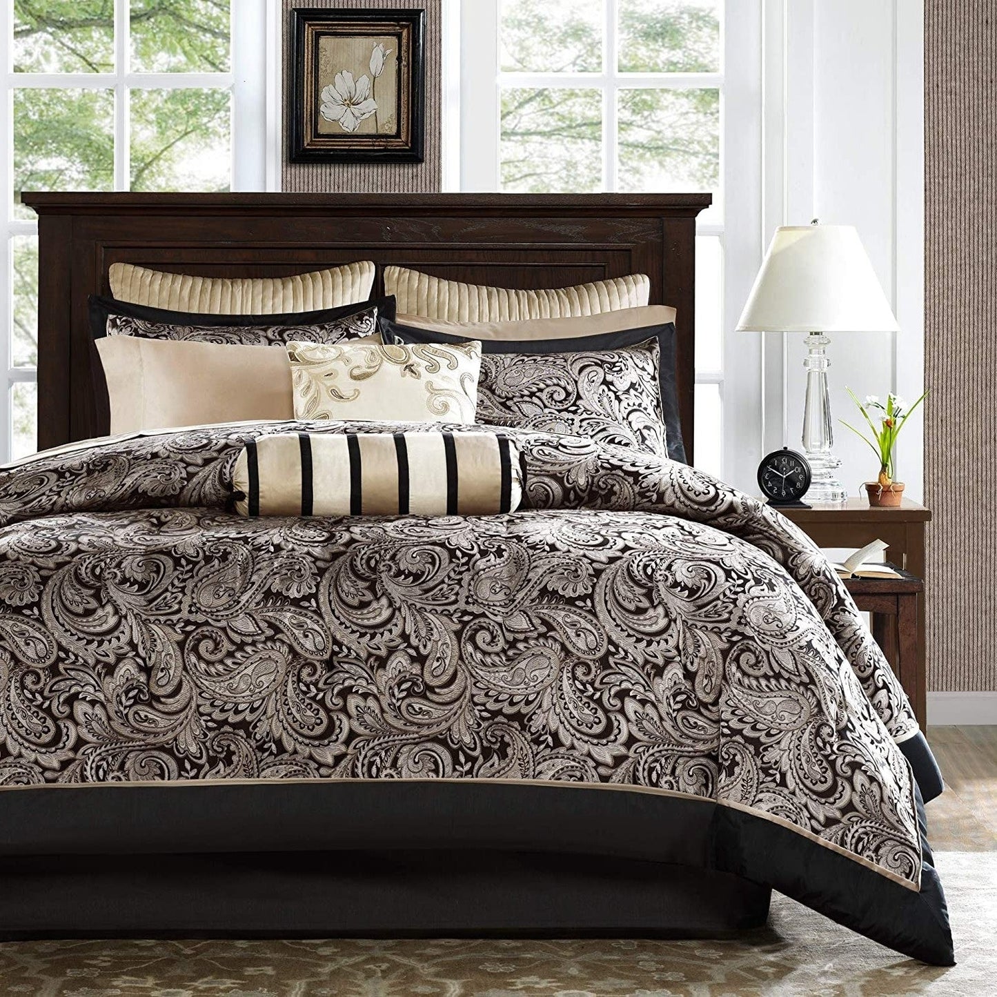 King 12 Piece Cotton Polyester Comforter Set Black Gold Paisley