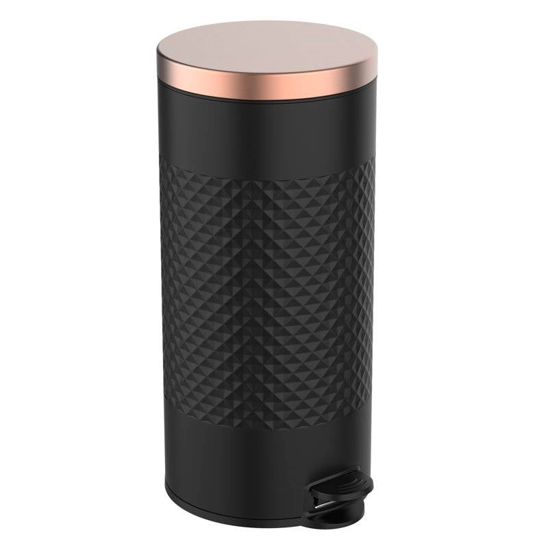 Hands Free Black Gold Metal Step On Trash Can 8 Gallons with a textured design and copper lid.