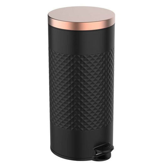 Hands Free Black Gold Metal Step On Trash Can 8 Gallons with a textured design and copper lid.