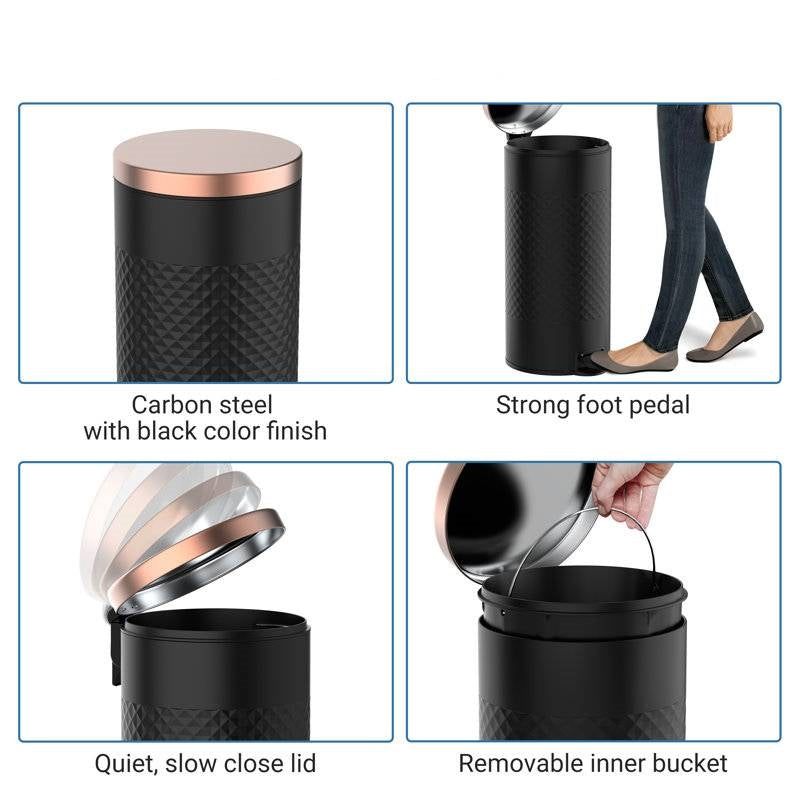 Hands Free Black Gold Metal Step On Trash Can 8 Gallons features carbon steel, strong foot pedal, slow close lid, and removable inner bucket.