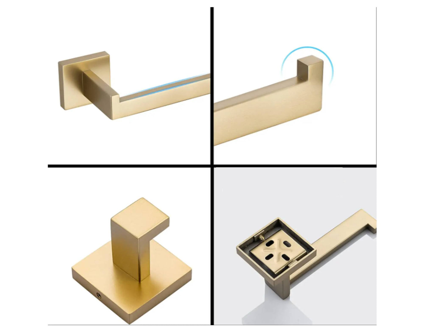 Square 4-Piece Stainless Steel Brushed Gold Bathroom Hardware Set - Towel Bar, Towel Ring, Toilet Paper Holder, Robe Hook, and Tower Holder - Wall Mounted