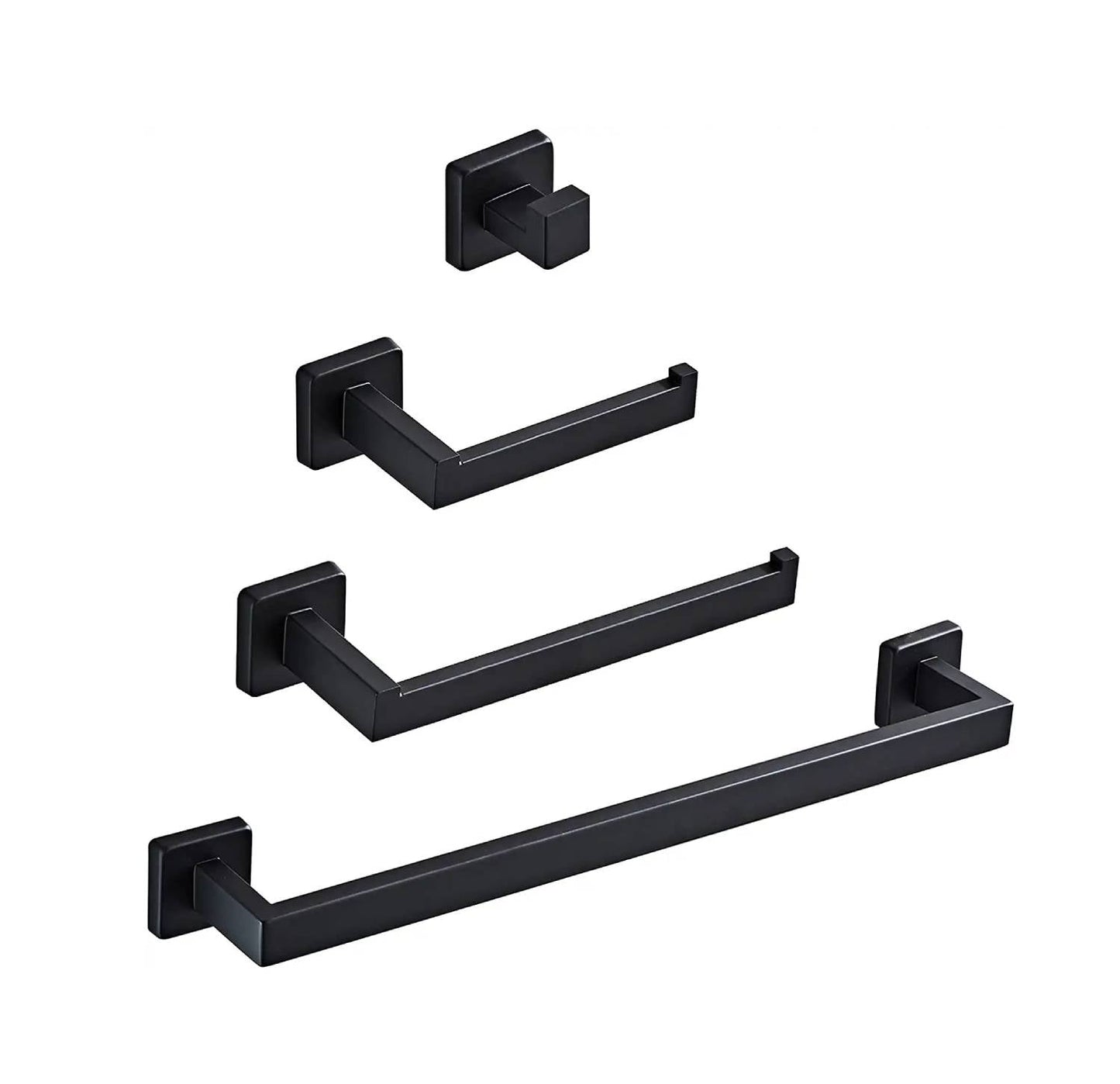 Luxurious 4-Piece Stainless Square Matte Black Bathroom Hardware Set: Towel Bar, Towel Ring, Toilet Paper Holder, Robe Hook, and Tower Holder - Wall Mounted
