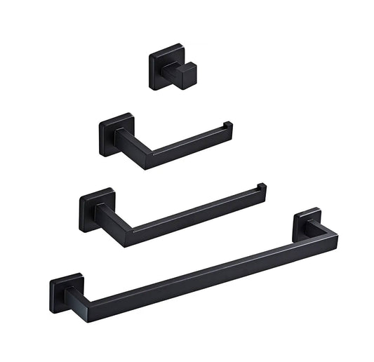 Luxurious 4-Piece Stainless Square Matte Black Bathroom Hardware Set: Towel Bar, Towel Ring, Toilet Paper Holder, Robe Hook, and Tower Holder - Wall Mounted