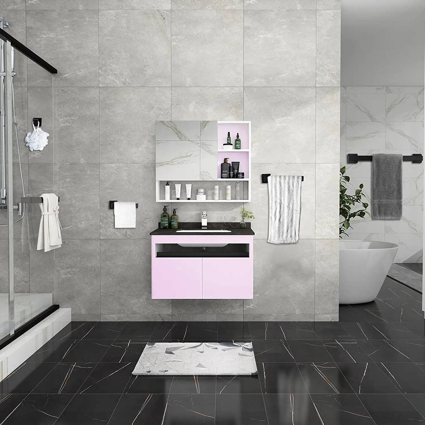 Luxurious 4-Piece Stainless Square Matte Black Bathroom Hardware Set: Towel Bar, Towel Ring, Toilet Paper Holder, Robe Hook, and Tower Holder - Wall Mounted