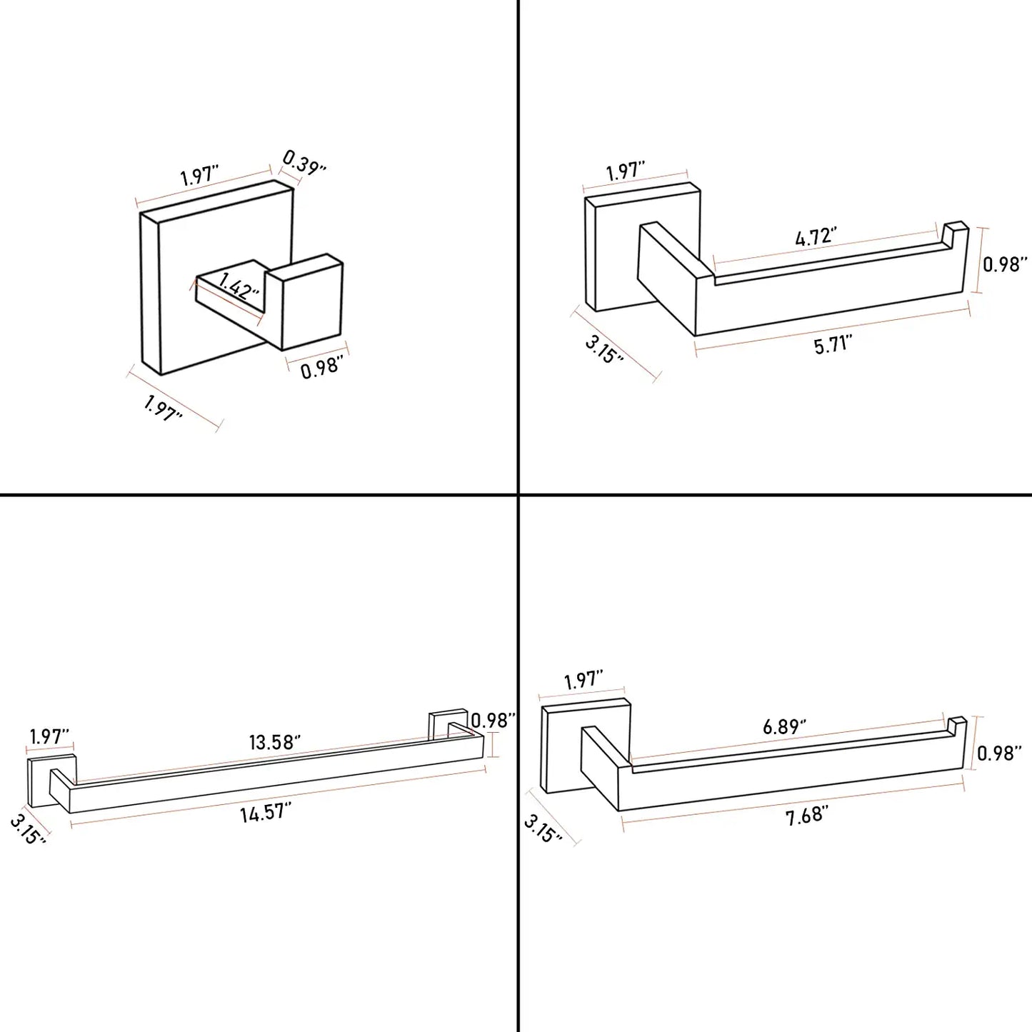 Luxurious 4-Piece Stainless Square Matte Black Bathroom Hardware Set: Towel Bar, Towel Ring, Toilet Paper Holder, Robe Hook, and Tower Holder - Wall Mounted