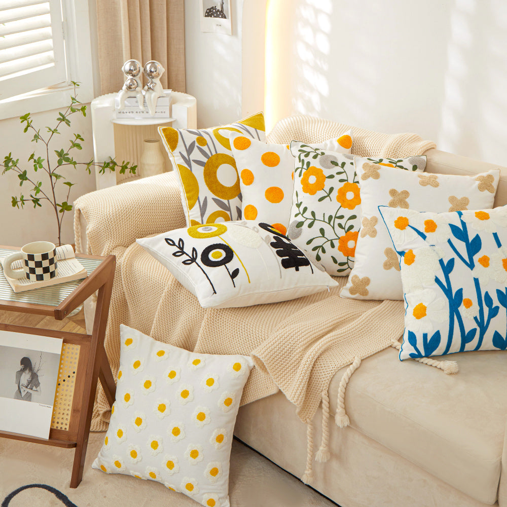 Sunshine Blossom Whimsical Floral Square Throw Pillow (With/Without insert) 18''x18'' set of 2