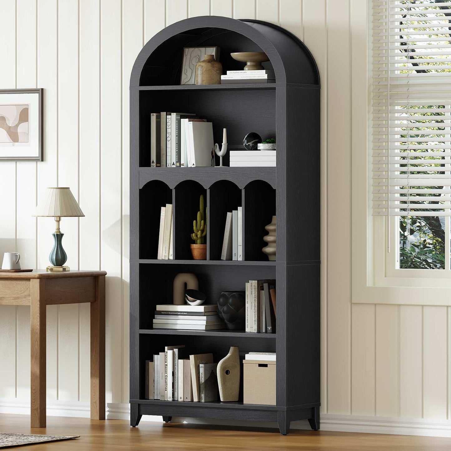 Arched Bookshelf with Storage - Black