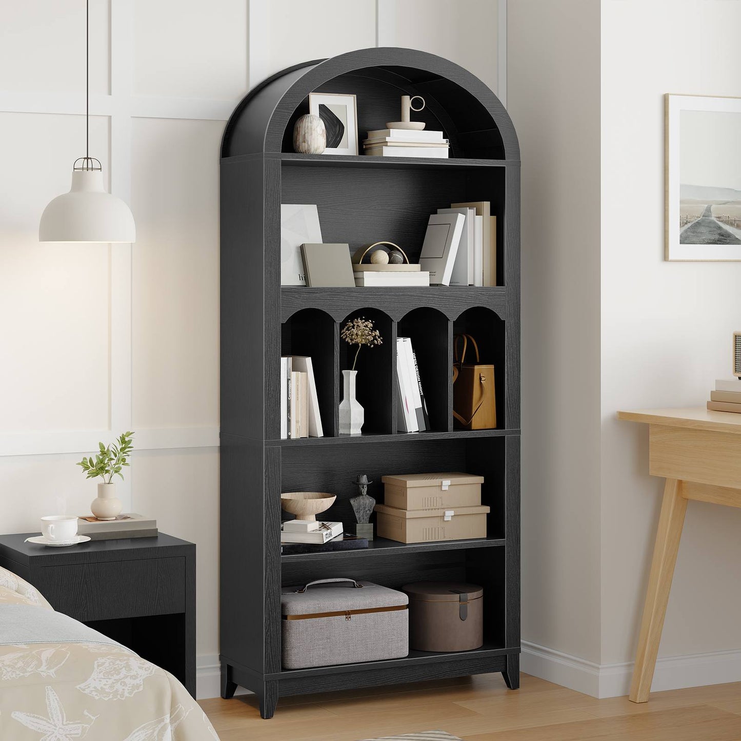 Arched Bookshelf with Storage - Black