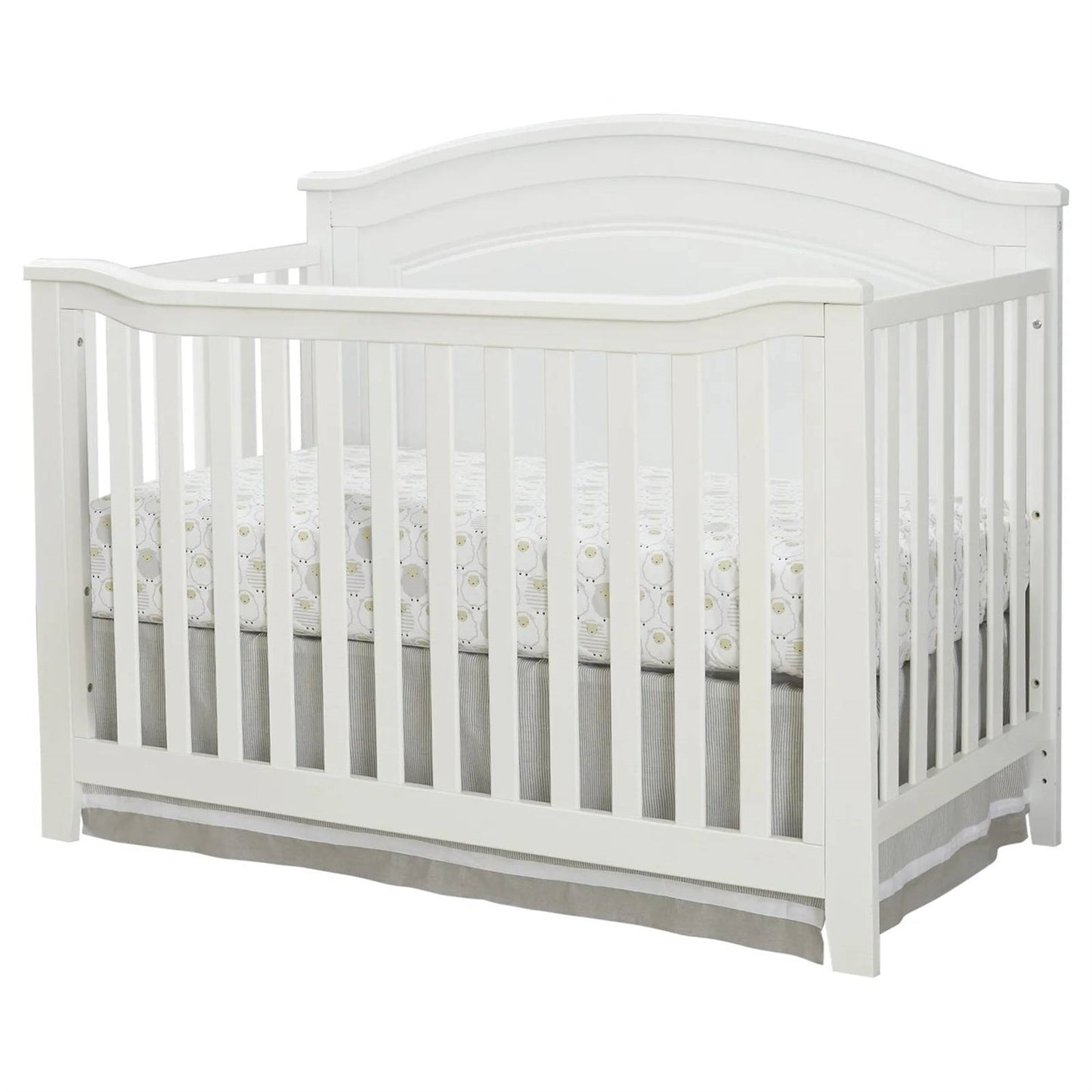 White crib with gray mattress on a white background