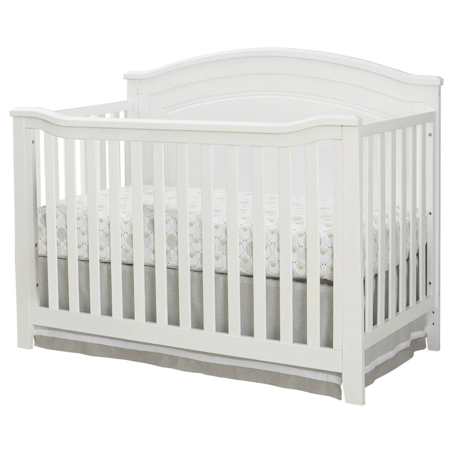 White crib with gray mattress on a white background