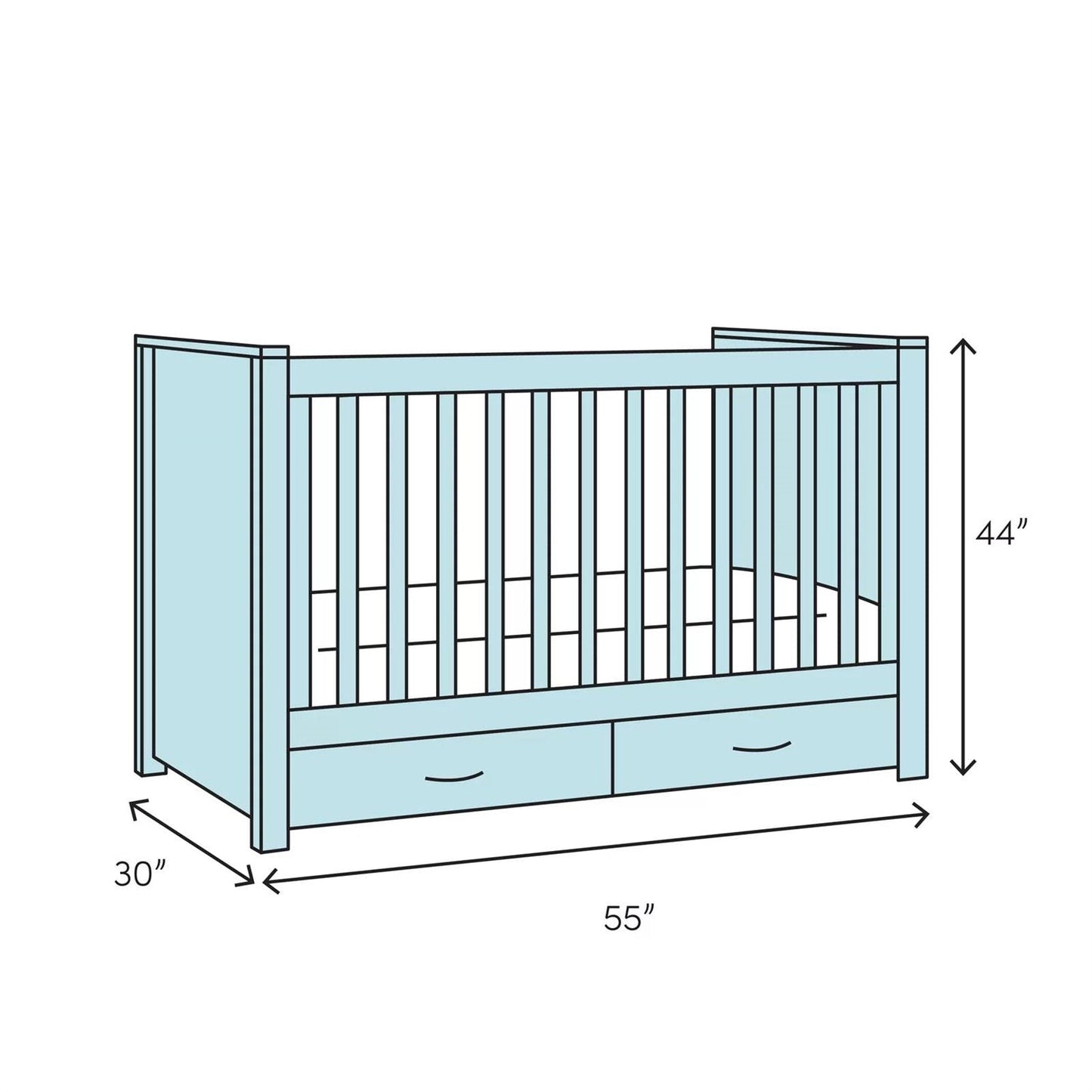 Diagram of a crib with dimensions labeled on a white background
